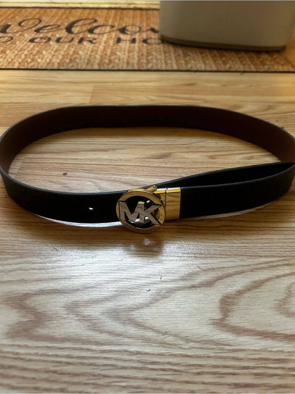 Michael Kors Black Leather Belt with Gold MK Round Buckle